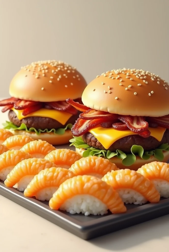 Animated photo of 2 cheeseburgers with bacon next to 10 tempura sushi slices
