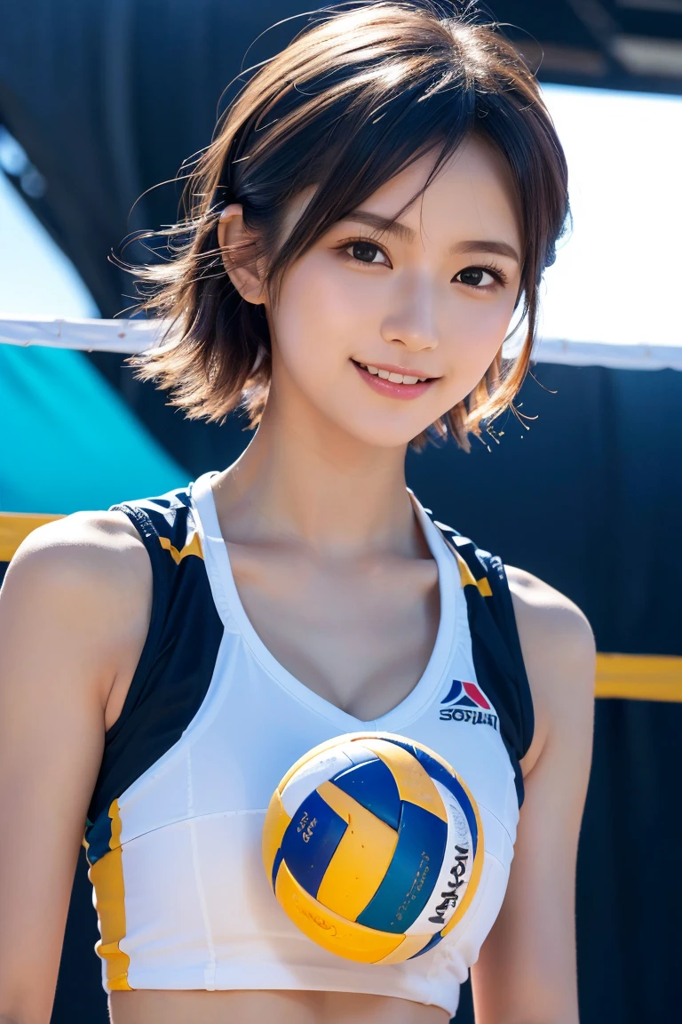 ((Beach Volleyball:1.3)),1 girl,(Wearing colorful stage costumes:1.2),Very beautiful Japanese idol portraits,Face close-up,(RAW Photos,Highest quality),(Genuine,Genuineistic:1.4),(masterpiece),Very delicate and beautiful,Very detailed,2k wallpaper,wonderful,In detail,Highly detailed CG Unity 8K wallpapers,Very detailed,High resolution,Soft Light,Beautiful detailed girl,Very detailed eyes and face,Beautiful and sophisticated nose,Beautiful and beautiful eyes,Cinema Lighting,(Simple light color background:1.3),(short hair),(Bob),Complete Anatomy,Slender body,Small breasts,smile,,((Beach Volleyball:1.3))