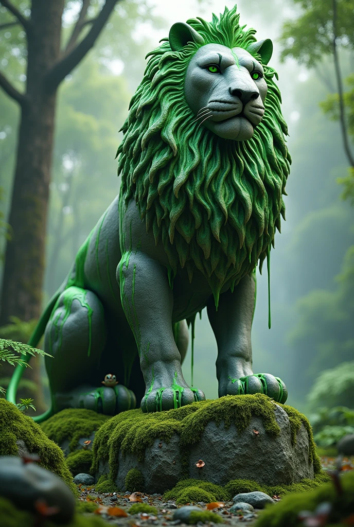A Giant Stone Statue Of A Lion With Slime, In a Beautiful and Realistic Forest