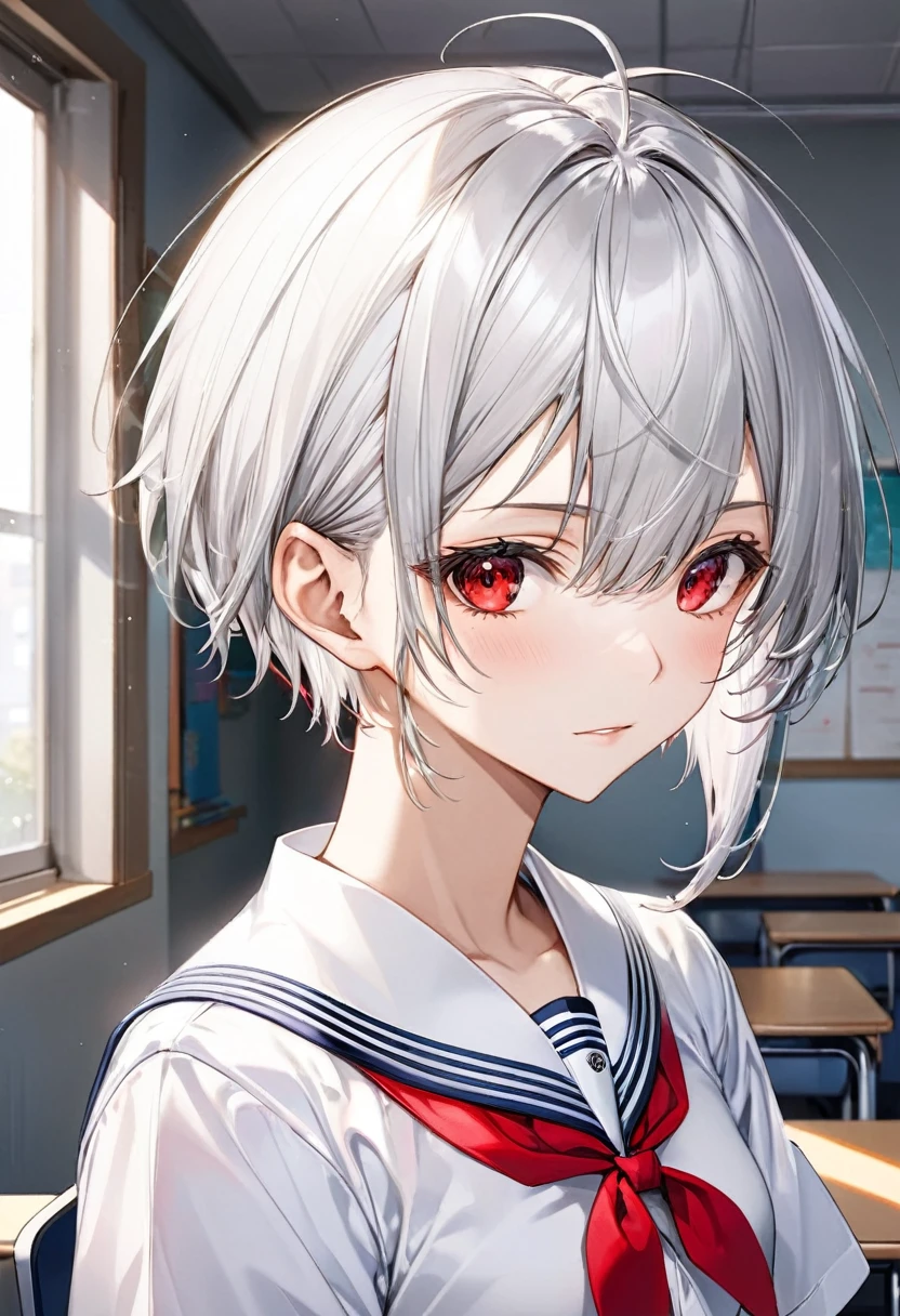 (school life style), (solo:2, 16 yo) (beautiful detailed crew cut) (best silver hair very short hair) (divine fighter boy) (detailed cool red eyes) (serious face), (in a detailed white japanese high school uniform), break, in the school classroom, background white flash, BREAK, perfect anatomy, masterpiece, best quality, 16k, beautiful detailed grow, daydreaming expression.