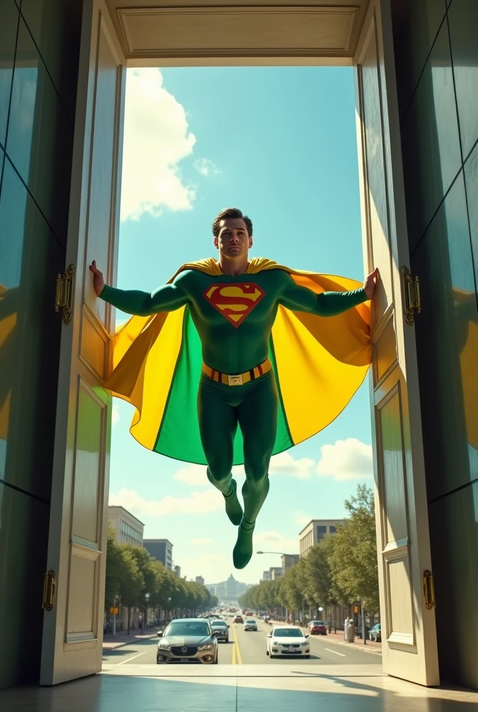 Make Jair Messias Bolsonaro dressed as a superman with a green and yellow uniform and the cape being the Brazilian flag throwing down doors in the Brazilian capital Brasilia