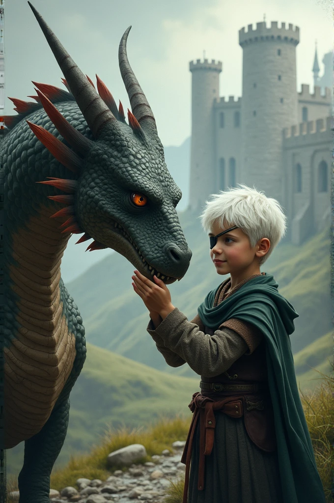 White-haired boy with an eye patch petting his medieval dragon