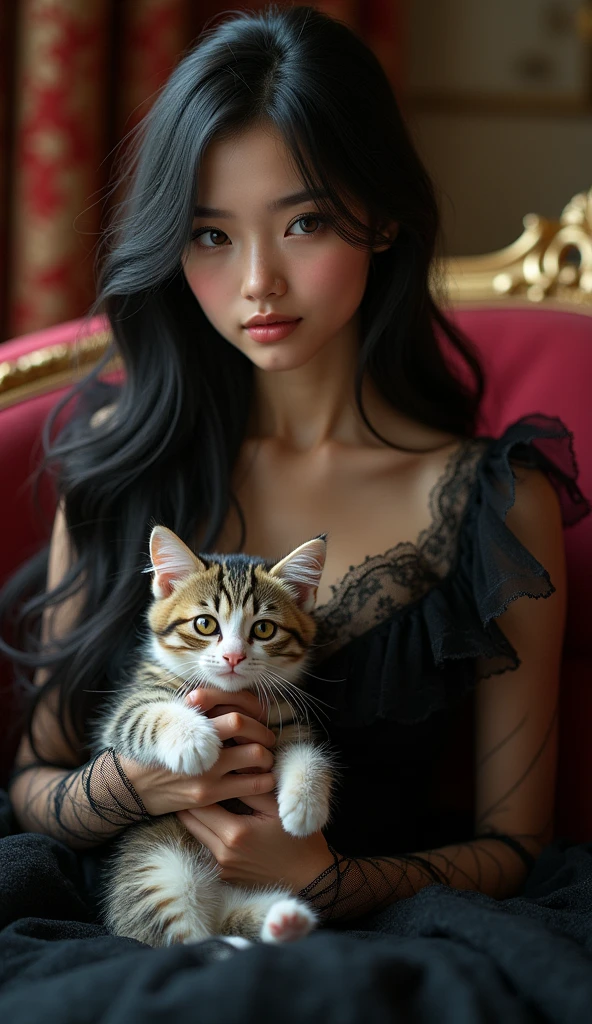 a beautiful girl with long black hair, detailedeyes, nase, and lips, with ball gown, sitting on her exquisite sofa, holding a kitten (best qualityer,4K,8k,high resolution,Head of&#39;work of art:1.2),ultra detali,(realisitic,photorealisitic,photo-realisitic:1.37),HDR,studio lighting,highly detailed face and body, portraite,cinematic lighting,dramatic lighting,warm color tones,dramatic colors