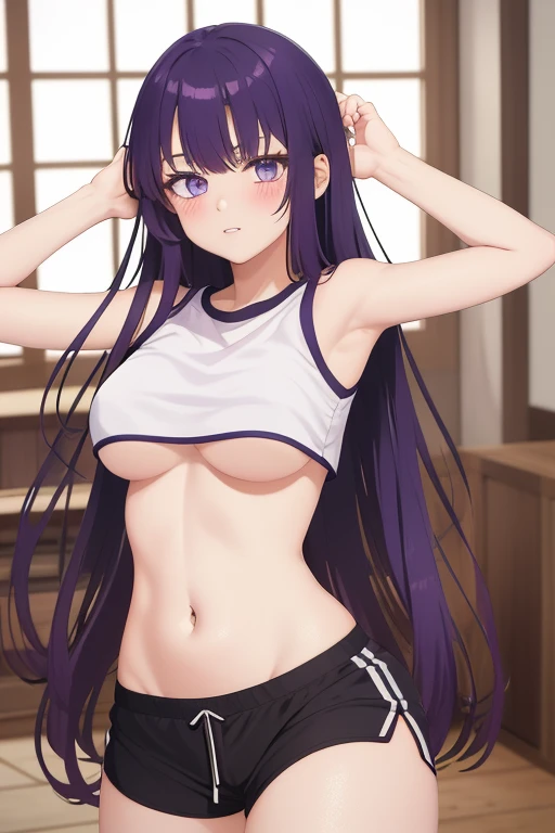 Anime, 1girl, solo, long_hair, purple_eyes, light_purple_hair, bare_shoulders, blushing, upper_body, bangs, sidelocks, anime_coloring, white crop top, black athletic shorts, medium breasts, thick thighs, sexy pose, high res, best quality, masterpiece