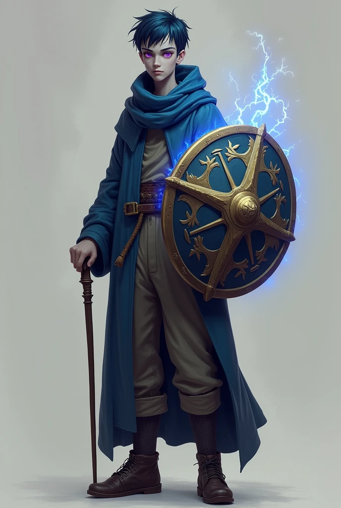  Tall young wizard with grey skin, purple eyes and dark blue hair, He has a simple cane, comfortable clothes and a shield
