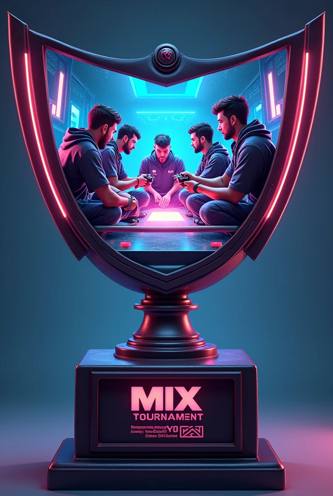Create a trophy with the word Mix Clan Tournament with five players playing on a horizontal gamer cell phone in cup format