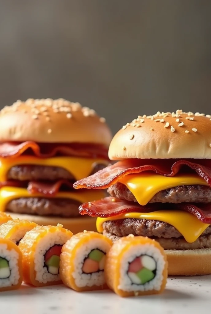 Animated photo of 2 cheeseburgers with bacon next to 10 tempura sushi roll slices