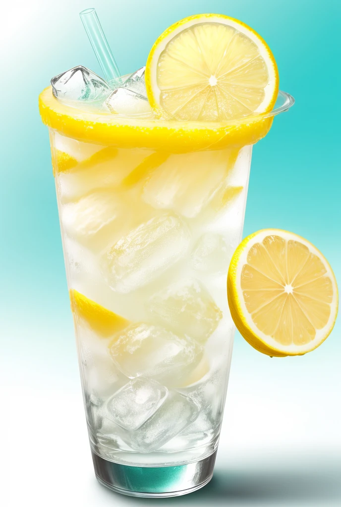 A lemonade with lots of ice and a tropical background