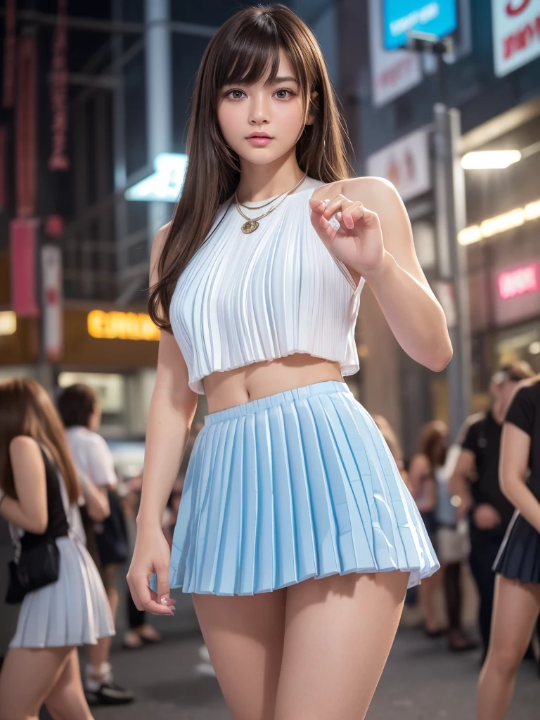 Product quality,1 girl,Cowboy Shot,Front view,Young and sexy Japanese girl,20-year-old,Harajuku,(Crowded street:1.4),Snazzy(Blue:1.5),shirt,wear,Snazzyバッグ,Fashionable necklaces,Snazzyイヤリング,((White super short micro pleated mini skirt:1.5)),wear,Very cute face,Glossy Lips,Double eyelids on both eyes,(Natural Makeup),shiny smooth light brown long hair,,,Asymmetrical bangs,Center image,8k resolution,Attention to detail,Detailed hairstyle,Detailed face,Cinema Lighting,Octane Rendering,Ultra-realistic,Perfect limbs,(Detailed fingers:1.5),Beautiful legs,Voluptuous thighs,Huge breasts,Perfect Anatomy,(Model pose:1.3)