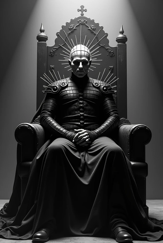 create a black and white image of Hellraiser sitting on a throne
