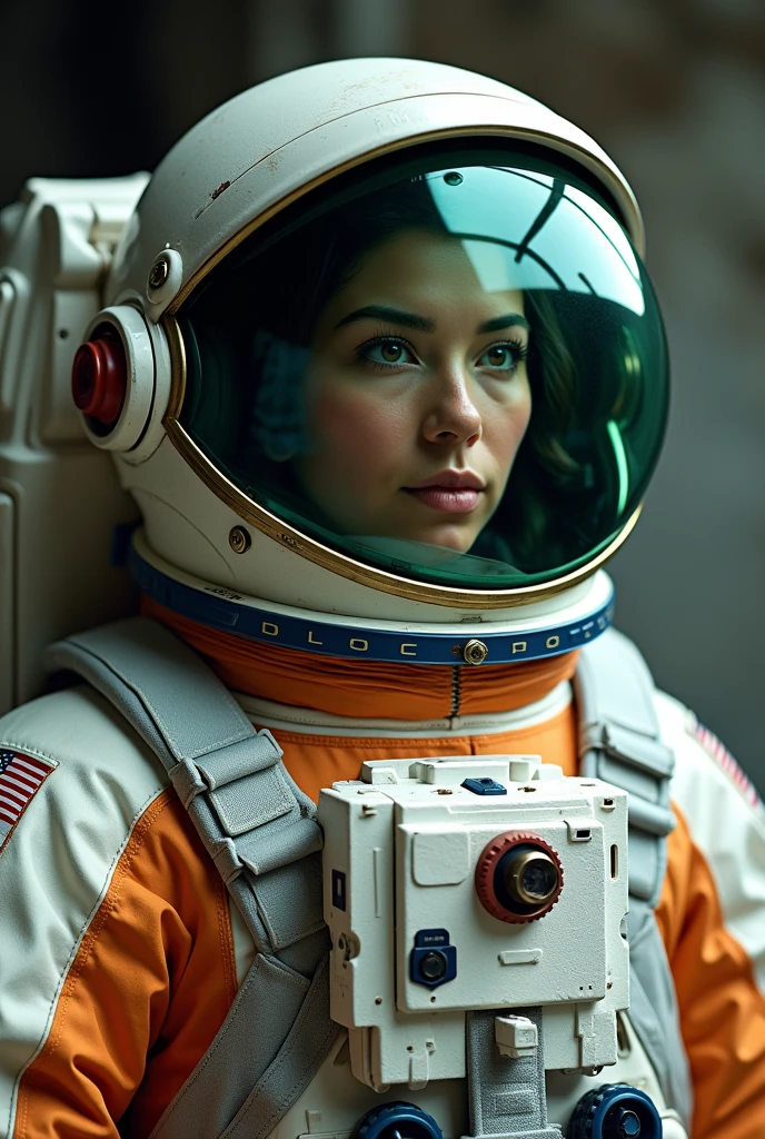 astronaut dressed in NASA's Mark 3 spacesuit, close up from the shoulder up. I need the portrait to be from the front at a right angle, like a passport photo. Now remove the glass from the helmet and leave it with green filling so I can use it in lives.