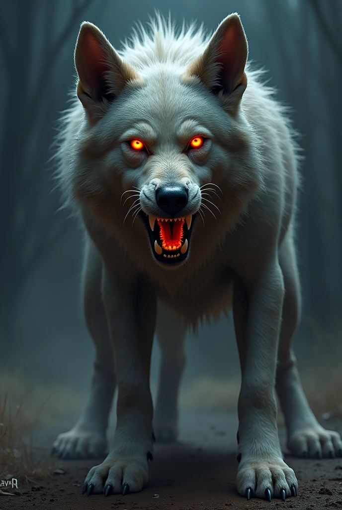 Make a dog with spiky fur, the ears pricked up, Sharp teeth and flaming eyes