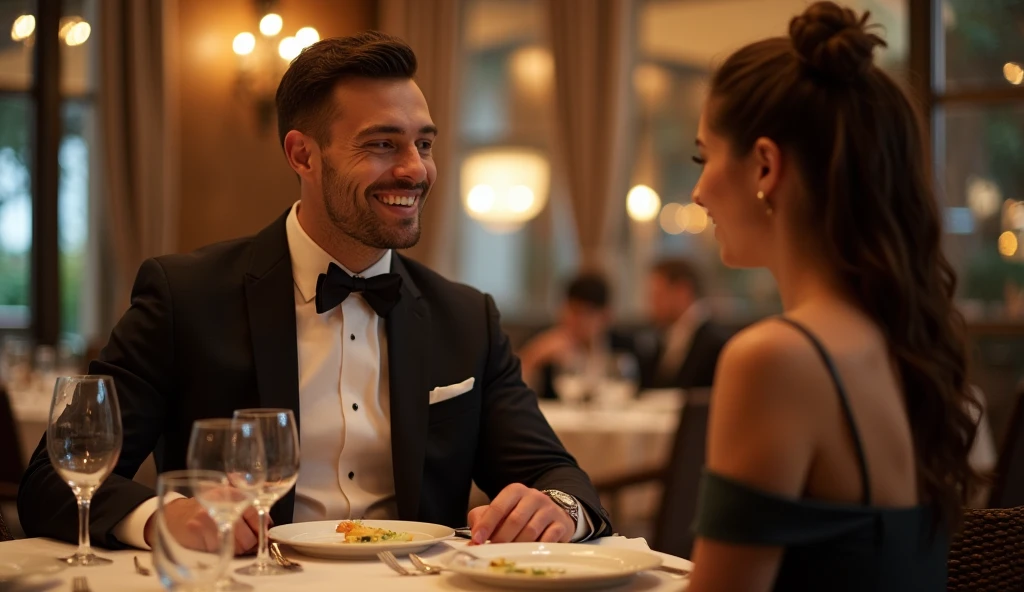 An elegant man, smiling with confidence, reaching out to a radiant woman, in a sophisticated environment like a restaurant."