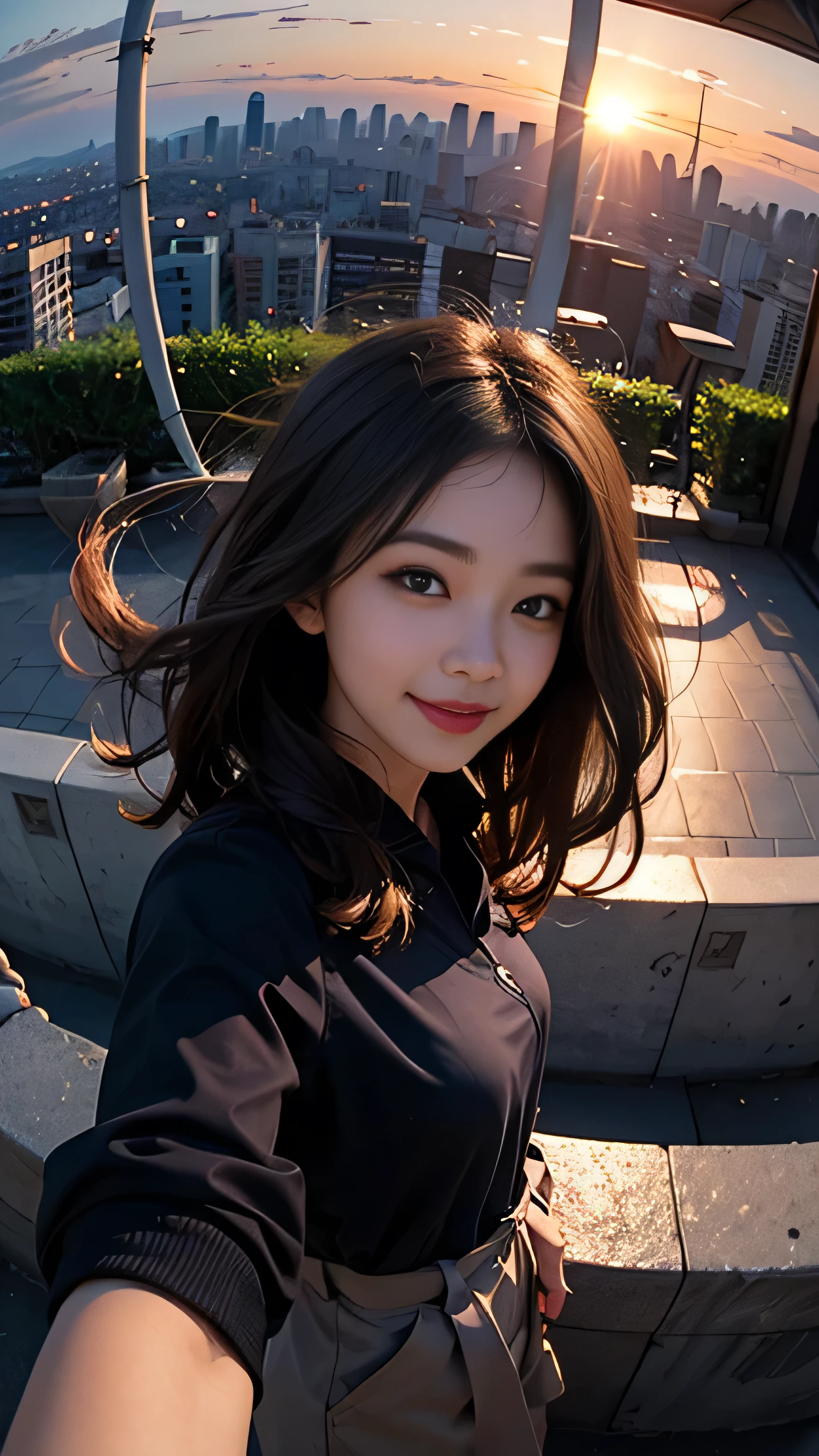 One girl, Korean, Fisheye Lens, Selfie, Wind, Messy Hair, sunset, Cityscape, (Aesthetics and atmosphere:1.2),smile