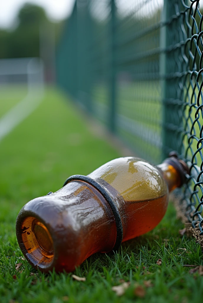 Empty crumpled bottle caught in football field fence make profile photo