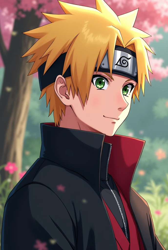 (absurdres, highres, ultra detailed), (cinematic), (UHD), solo, 1man, mature, happy, upper body, blonde short hair, fantasy, spring, garden, closed mouth, (cinematic, best quality, UHD), ((official art)), ((pop art))profile, simple hut, detailed face, (extremely detailed eyes), naruto uzumaki, ((nobility)), (((prince black attire))), emperor, duke, (((((solo)))))