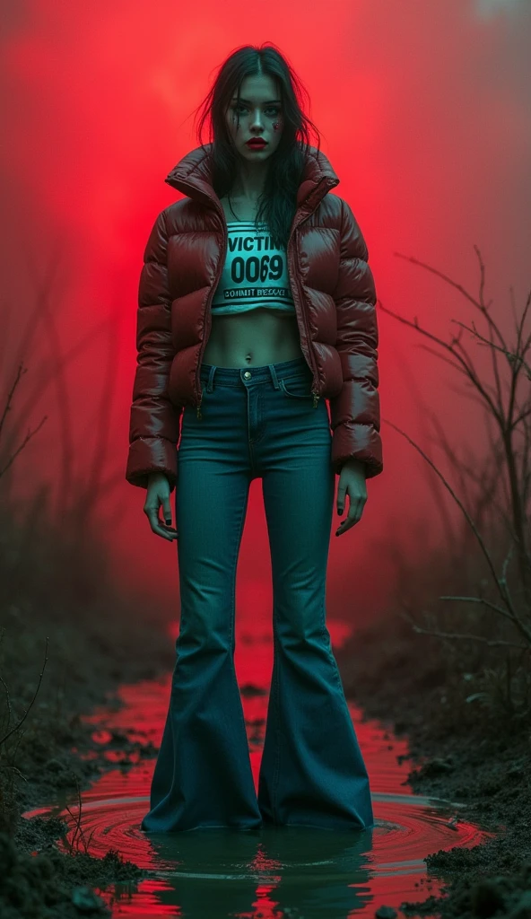 woman, bib "VICTIM 0069 DO NOT RESCUE", moncler ultra-short sporty collar only down jacket, muddy flared jeans, stuck in mud bog,pale ethnic patterns ritual makeup, cold, red lips, sexy posing, bob haircut, red fog, blue, green, posing,