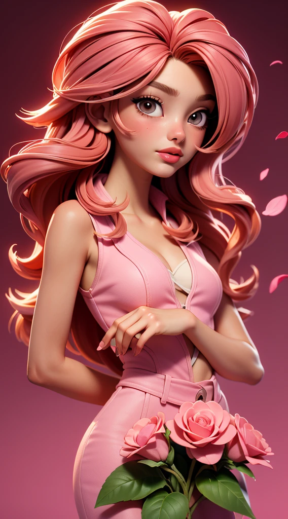Yamer_passion, background red, petals, Heart, dead nature, Heart background, whole body, Pink, flowers, beautiful photo of a 22 year old Italian girl, (cartoon style, anime styling), 