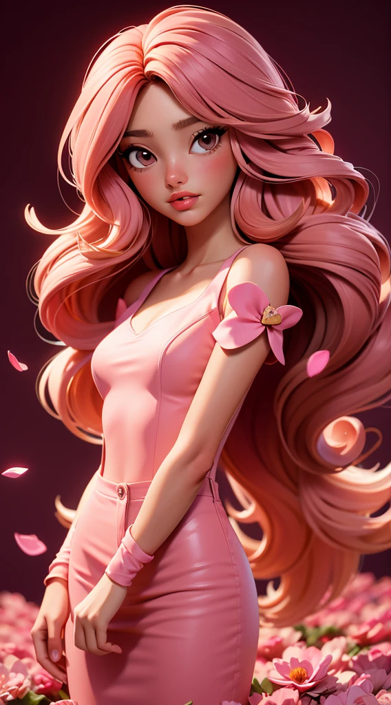 Yamer_passion, background red, petals, Heart, dead nature, Heart background, whole body, Pink, flowers, beautiful photo of a 22 year old Italian girl, (cartoon style, anime styling), 