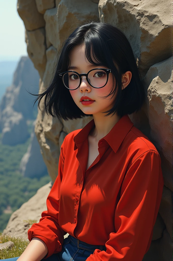 Woman with glasses, medium-short black hair, wearing a red shirt on a rock