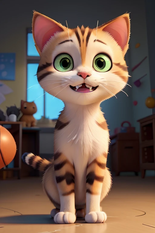 a cat play ball, mismatched pupils, constricted pupils, cat ears, light smile, bright pupils, smiley, naughty face, Pixar, drop shadow, backlighting, UHD, high details, high quality, super detail, highres
