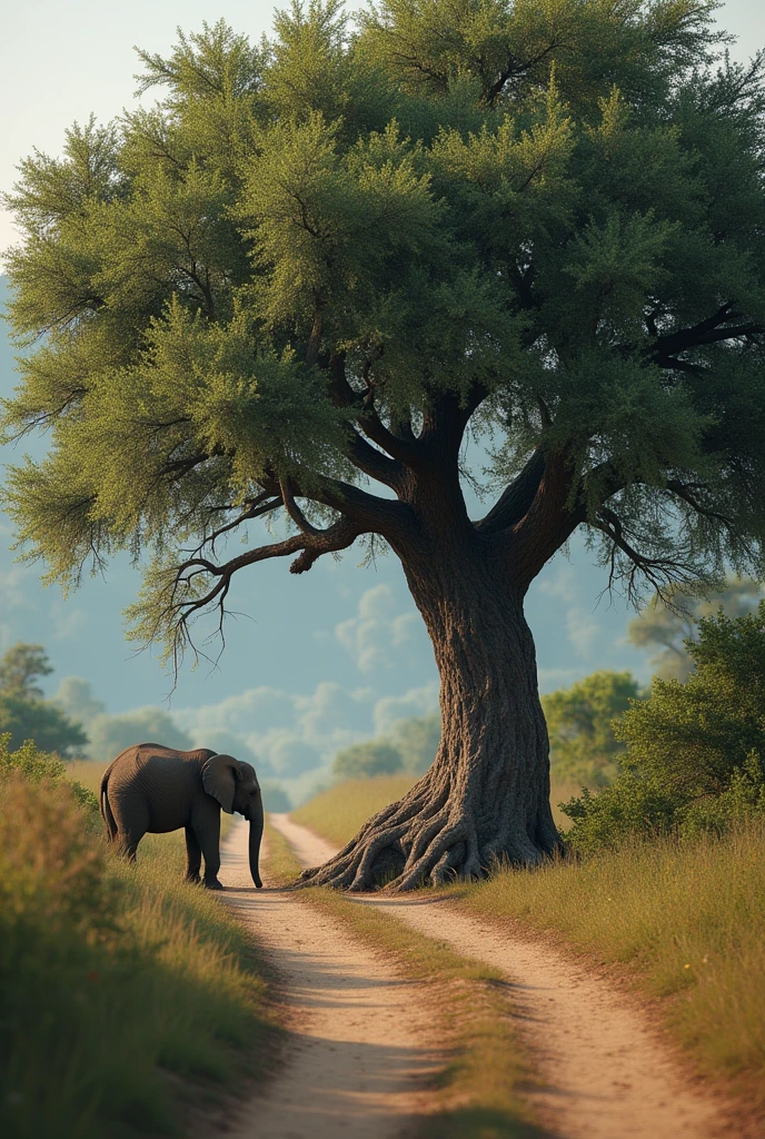 Create a realistic image with a large tree lying completely on the ground in the middle of the path, blocking the passage. a small baby elephant tries to cross the path but cannot