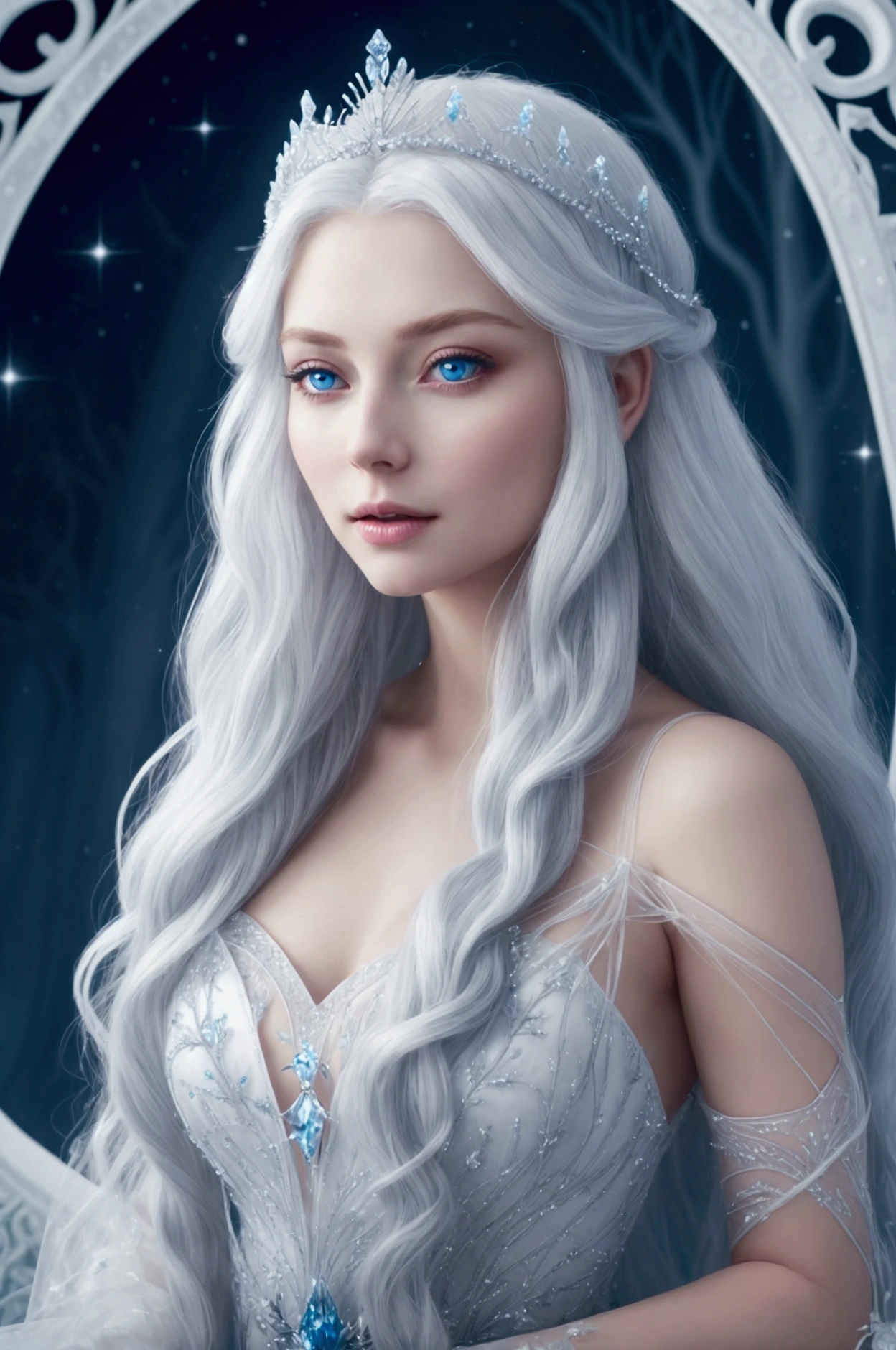 a stunning woman with thick long wavy white hair and blue eyes posing for a picture in white sheer gown, beautiful fairy princess, big crown with many sparkling diamonds, very beautiful fairy top model, ethereal beauty of queen, beautiful and elegant fairy queen with crown and red apple she is biting, fairy princess, sparkling blonde empress, princess, ice princess, ethereal fairytale, ethereal fantasy, ice queen, queen galadriel, fantasy gorgeous lighting