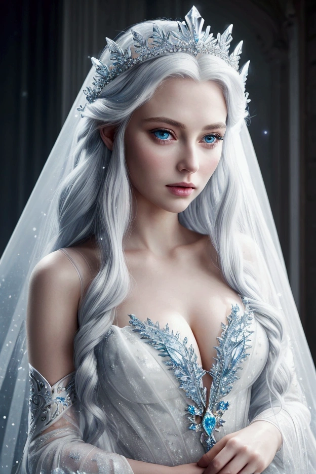 a stunning woman with thick long wavy white hair and blue eyes posing for a picture in white sheer gown, beautiful fairy princess, big crown with many sparkling diamonds, very beautiful fairy top model, ethereal beauty of queen, beautiful and elegant fairy queen with crown and red apple she is biting, fairy princess, sparkling blonde empress, princess, ice princess, ethereal fairytale, ethereal fantasy, ice queen, queen galadriel, fantasy gorgeous lighting
