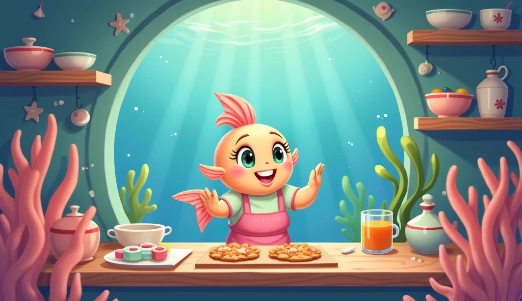 Depict Grandma Fish, a warm, pastel-colored fish, happily baking underwater treats in a cozy sea-themed kitchen, surrounded by vibrant corals and playful sea creatures. Her friendly smile and delightful pastries create a heartwarming, inviting atmosphere.
