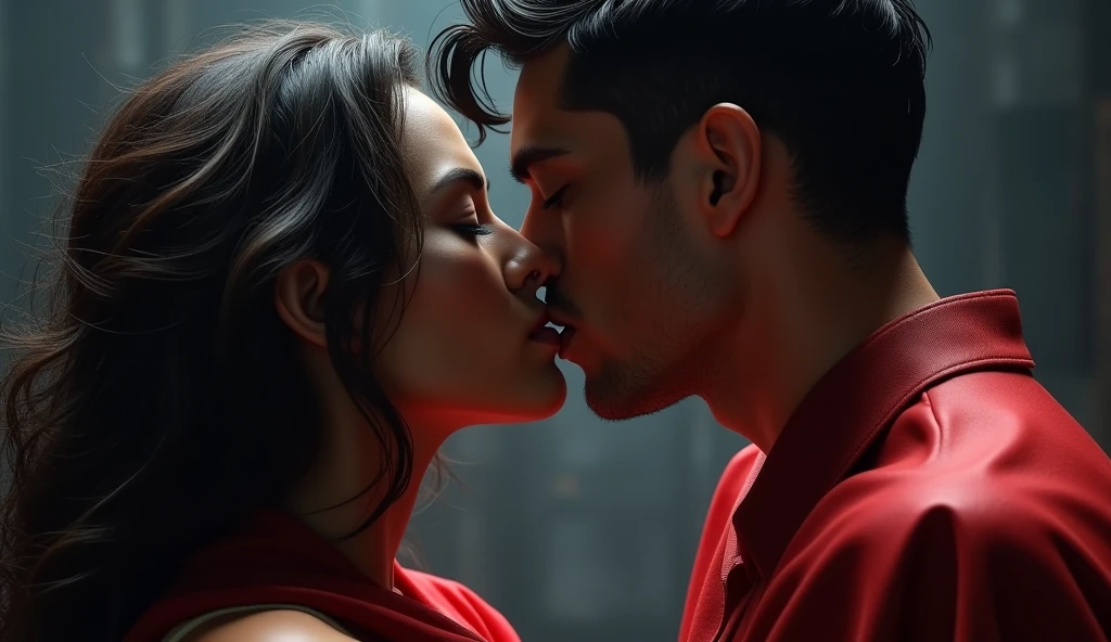 close up of the mouth of a white woman in a red cape, with black hair who is seductively putting her tongue in the mouth of a sexy white man with black hair and muscular. black and gray gradient, hazy, realistic, 8k resolution, Unreal Engine, cinemati. close up only on the mouths