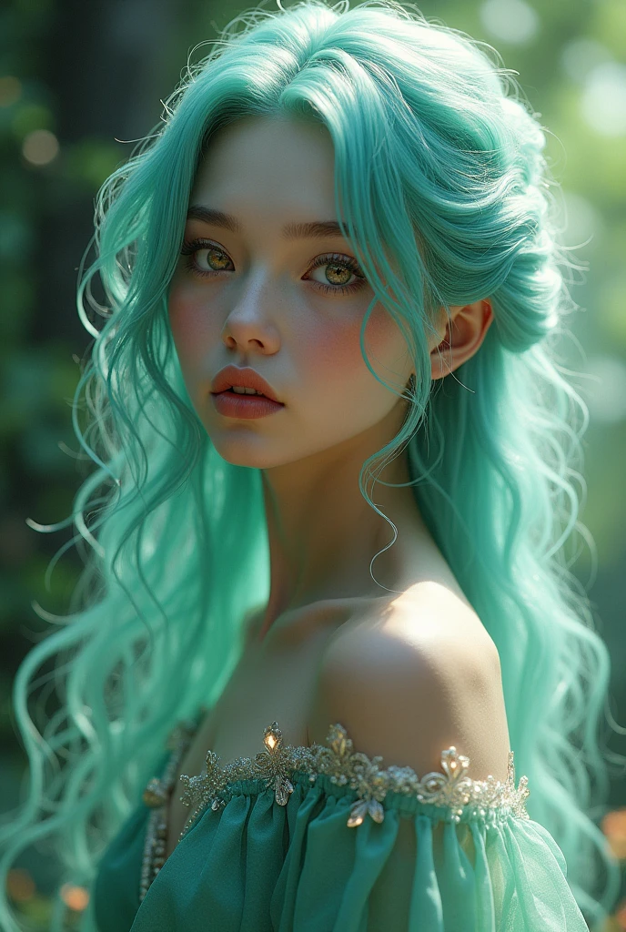 A herdeira princess has water, amber eyes, and light green hair and blue skin 