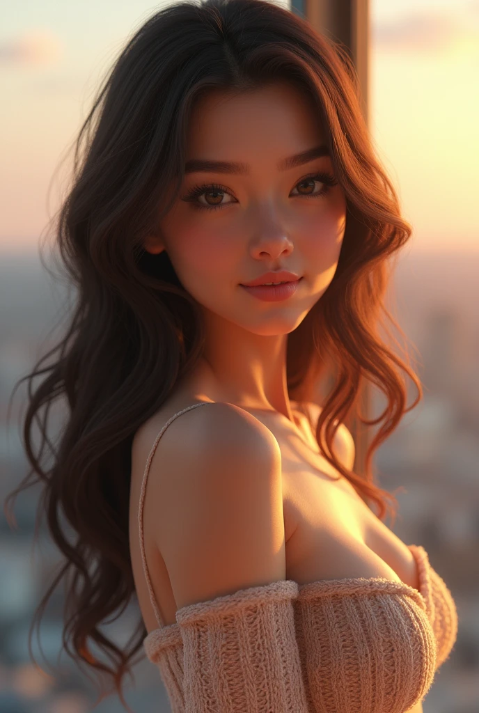 (masterpiece:1.3), High resolution, Super detailed, Highly detailed CG Unity 8k wallpaper, Realistic, photo-Realistic, RAW Photos, Beautifully detailed face, Pale skin, Realistic glistening skin, Detailed cloth texture, Detailed hair texture, Perfect body, Beautiful Face, Accurate, Anatomically correct, Highly detailed face and skin texture, Natural neck length, (Beautiful Hands), (Fair skin:1.2), Thin legs, Thin legs, Wet body:1.1, Wet Hair,
break,
Detailed eyes, Symmetrical eyes, Light brown eyes, double eyelid, Thin eyebrows, (Glossy Lips:1.4), (smile:1.3), (blush:1.1),
break,
(Very cute girl:1.3), (Wearing an off-the-shoulder knit dress:1.2), Small breasts:0.8, (Nipples visible through the transparent fabric:0.75), (Hard chest, Shapely breasts, Slim figure:1.1), Toned Abs, (Dark brown hair, Wavy Hair, Medium Long Hair:1.2), ((Swept-apart bangs:1.2)),
break,
((Standing seductively in front of a window:1.3)), (Inside Google's stylish offices), (Cowboy Shot:1.2), View your viewers, Distance from bottom, (A shining sunset view),
