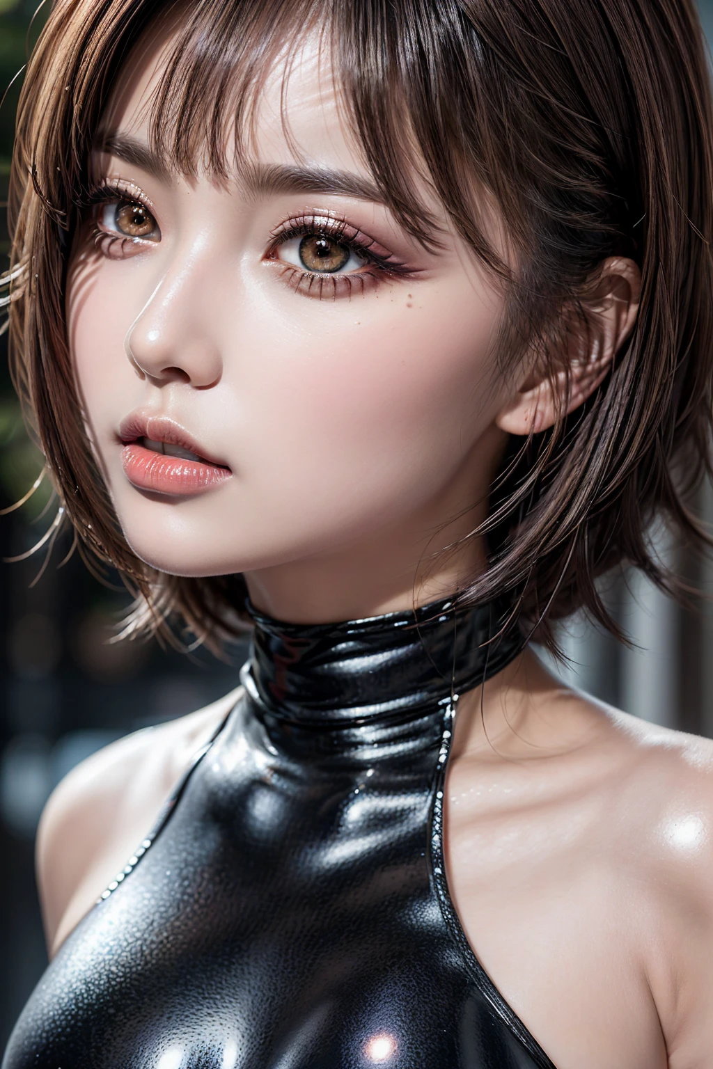 photorealism 16K realism, ((Hyper-realistic proportional body, anatomically correct:1.3)), ((ultra-fine digital art)), (intricately detailed beautiful face), (light pale complexion), BREAK, ((small round head)), (high detailed Super beautiful slim and sharp-face), (best highest detailed realistic black_eyes:1.28), ((super realistic sharp-eyes:1.2)), (tired and sleepy and satisfied:0.0), close up of a woman's eyes, perfect round eyes, finely detailed pupils,BREAK,detailed lips:1.3,pink_makeup:1.22, (long_blue_eyeliner:1.15), (red_lipstick:1.35),((perfect dark_eyeshadows:1.4)), (super detailed professional makeup on eyes:1.3), (Detailed nose:1.2), (best high quality real texture skin:1.3), (short hair blond, ((bangs combed to the two side)) Intricately detailed:1.37), beautiful cheekbones, dramatic lighting, ((perfect composition)), pale skin, ((dry skin)), only 1 female, petticoats, (high neckline), (lace ultra details), (Intricately detailed workmanship), ((unconventional skirt, transparent PVC in the shade of ORANGE:1.2)), ((Shiny ORANGE [Transparent:1.25] Holographic Full Bodysuit: 1.3)), cinematic light, detailed background of a large park with trees, dynamic pose, ((no decorations in the hair)), (dark shot:1.1), (firm normal full breasts), (((full body shot:1.3)))