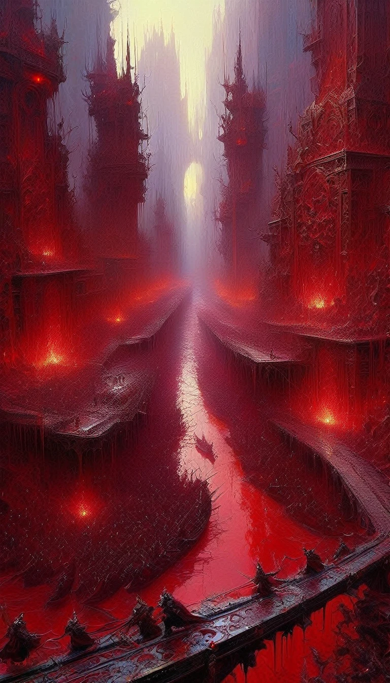 river of blood, world of chaos, art inspired in Wadim Kashin, Intricate Details, Oil