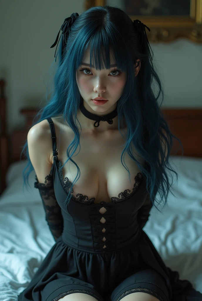 Baby Face　Hands and feet tied behind back　Beauty　Big Breasts　Gothic Lolita dress is open and nipples are exposed　Pussy　Long, almost blue, black hair that looks motionless like a Kokeshi doll　Bangs are aligned in a straight line　A mature-looking person　On the bed