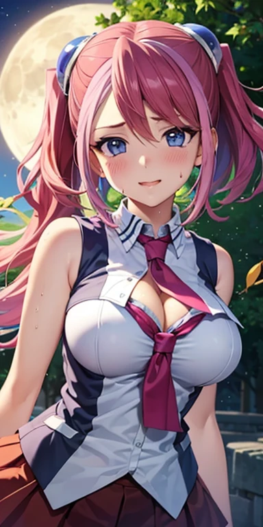 1 Female,High definition,high resolution,Ultra-realistic,8K, 8K, hy1, hair ornament, multicolored hair, necktie,pink skirt,tight skirt, miniskirt ,sleeveless, , jewelry,European,sexy,Upper body close-up,Photographed from the front,Dynamic Angles,(blush), big tits , happy, wink the eye,facial, sweat,multicolored hair , outdoors, moonlight, night ,leaf , windy,tree background , cleavage 