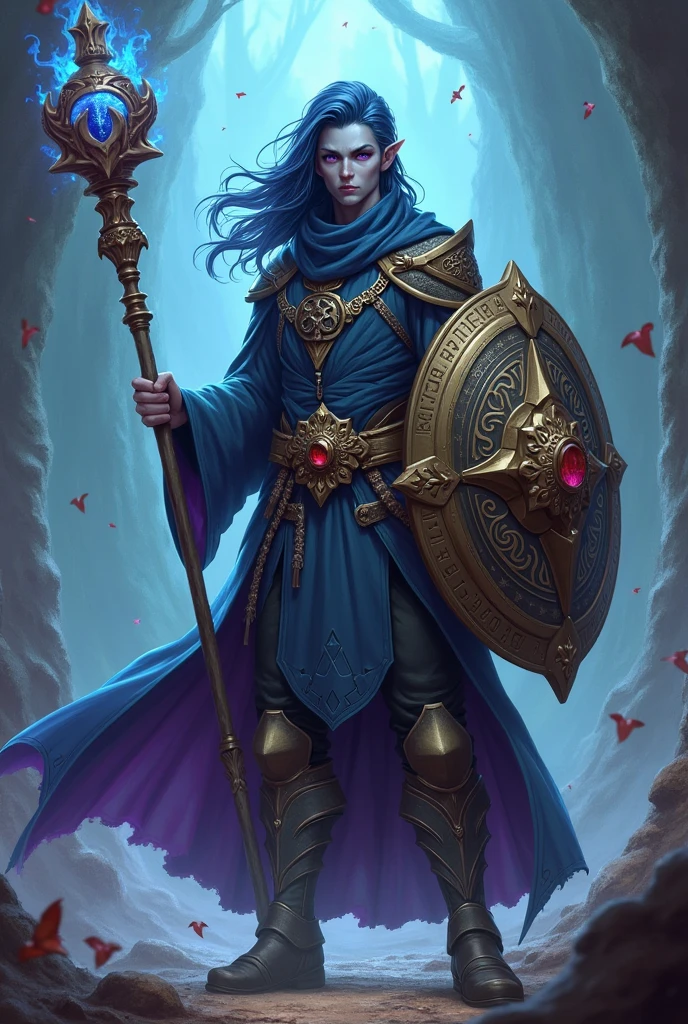  Tall young wizard with grey skin, purple eyes and dark blue hair, He has a magic staff, comfortable clothes and a shield