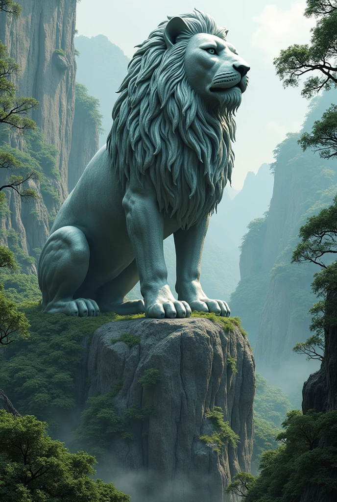 A Giant Stone Statue Of A Lion With Slime,on a mountain,In a Beautiful and Realistic Forest 