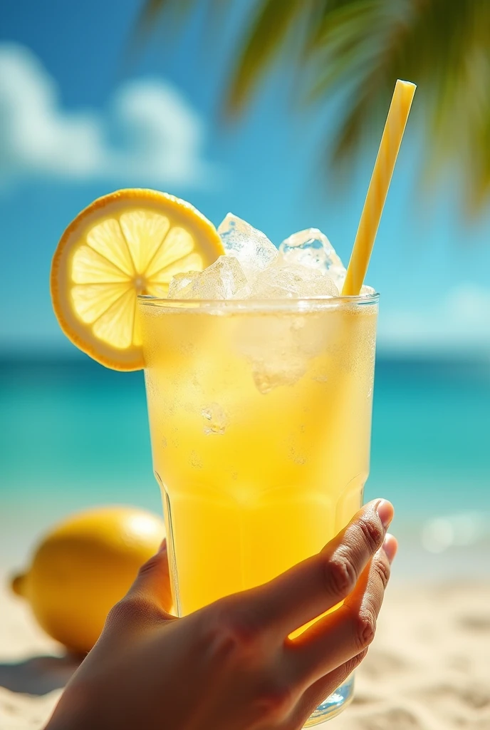 A lemonade with lots of ice and a tropical background held by a girl with blonde and straight hair