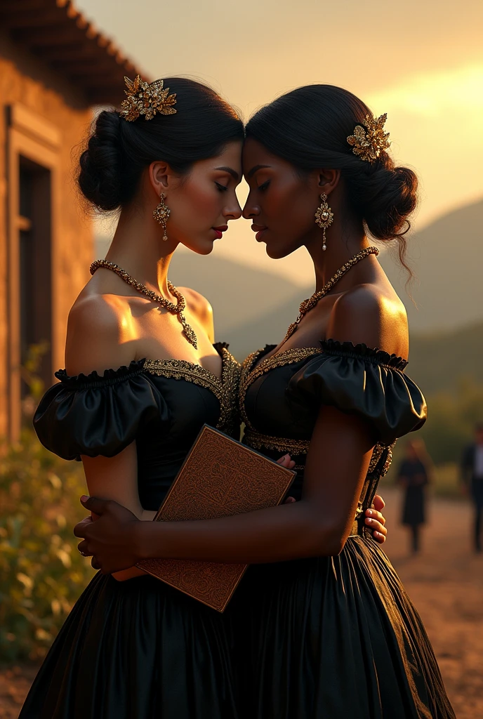 "Create a romantic, historical scene set in early 18th century colonial Brazil, focusing on two women in a vibrant and detailed environment. The first woman is a strong figure, influential and a Portuguese woman with a mature and dominant appearance, dressed in an elegant black dress with gold details. She is involved in an affair with the second woman, a domestic slave of mulatto origin and passive appearance
, who was raised within the paternal family. The slave is described as beautiful, with delicate features and well-groomed hair, also dressed in a black dress with gold.
The scene should depict the two women embracing, with the slave holding a book, symbolizing his quest for knowledge and a special bond with his owner. The background should show a detailed landscape of Minas Gerais in colonial times., with a mineral extraction property. Include elements typical of the period, like muleteers with their loads, maids performing daily tasks, and the characteristic architecture of colonial buildings. Lighting should capture the warm, opulent atmosphere of colonial Brazil, reflecting both the wealth of the property and the intimacy of the relationship between the two women."
