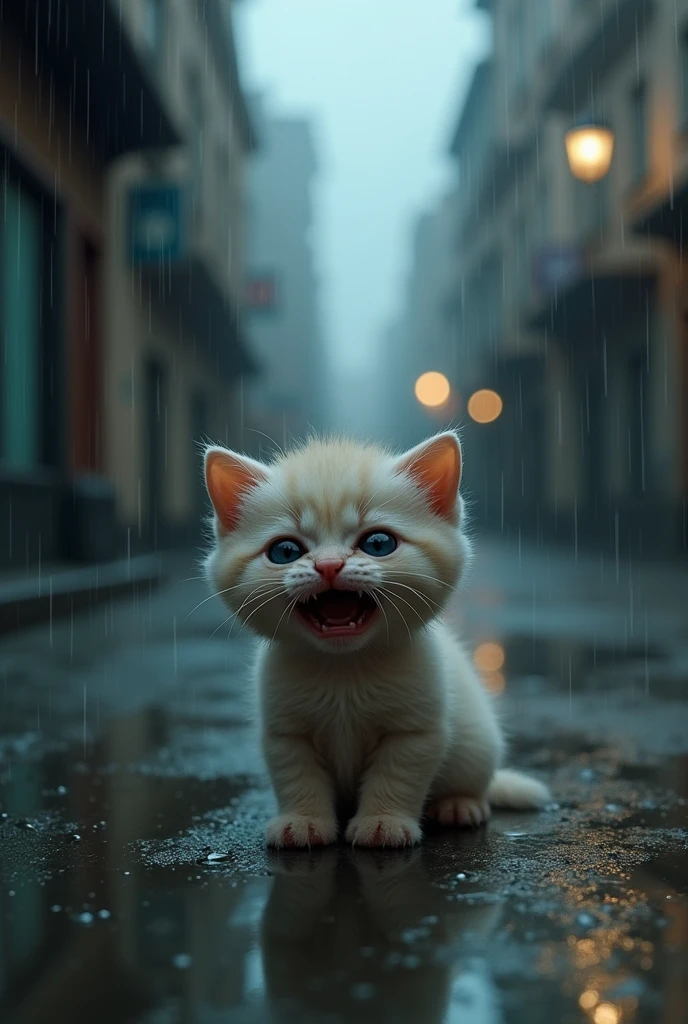 Kitten crying on the street in the rain