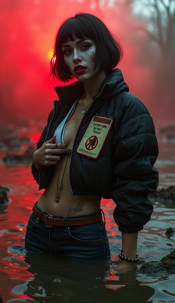 woman, bib "VICTIM 0069 DO NOT RESCUE", moncler ultra-short sporty collar only down jacket, muddy flared jeans, stuck in mud bog,pale ethnic patterns ritual makeup, cold, red lips, sexy posing, bob haircut, red fog, blue, green, posing, dynamic