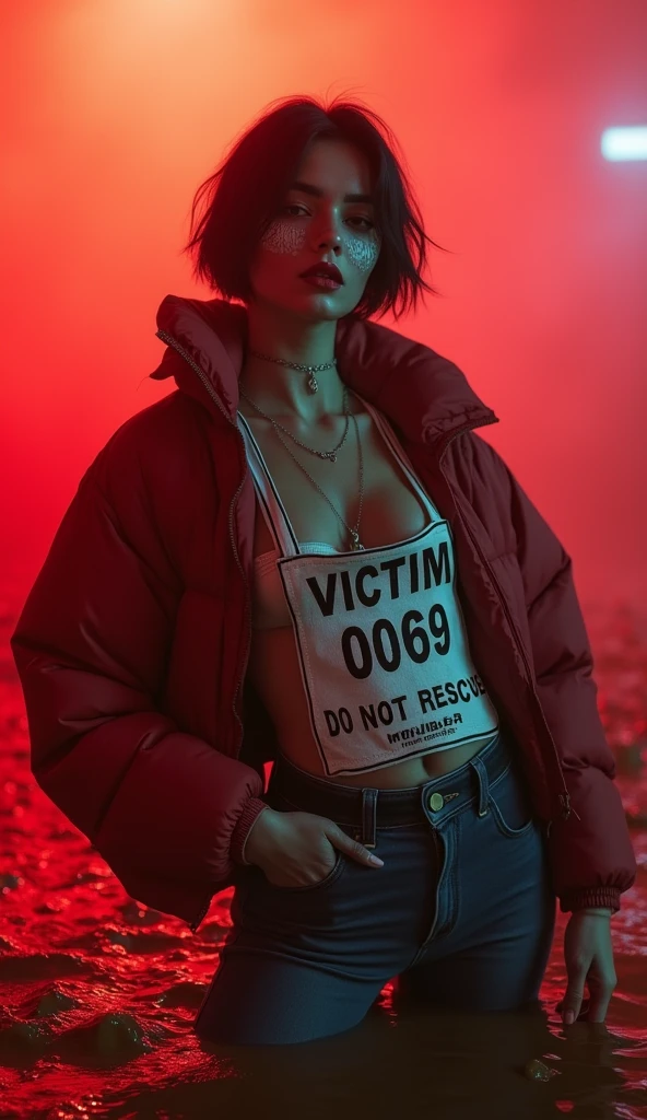 woman, bib "VICTIM 0069 DO NOT RESCUE", moncler ultra-short sporty collar only down jacket, muddy flared jeans, stuck in mud bog,pale ethnic patterns ritual makeup, cold, red lips, sexy posing, bob haircut, red fog, blue, green, posing, dynamic