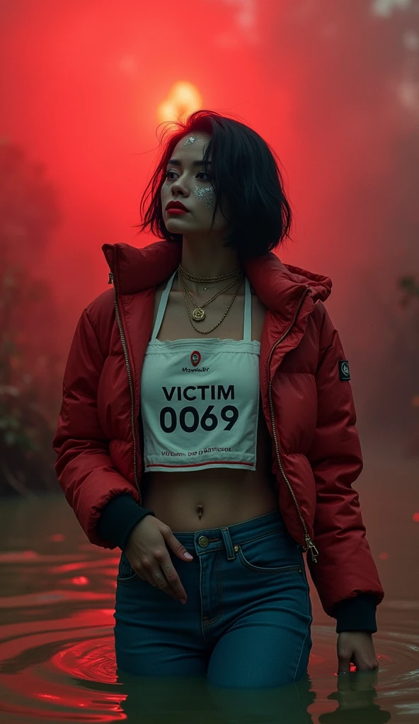woman, bib "VICTIM 0069 DO NOT RESCUE", moncler ultra-short sporty collar only down jacket, muddy flared jeans, stuck in mud bog,pale ethnic patterns ritual makeup, cold, red lips, sexy posing, bob haircut, red fog, blue, green, posing, dynamic