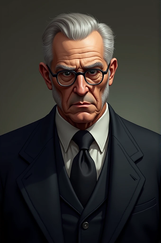 A old man, with short peppered hair, stoic face, pairs of glasses and black eyes, in a beautiful suit.