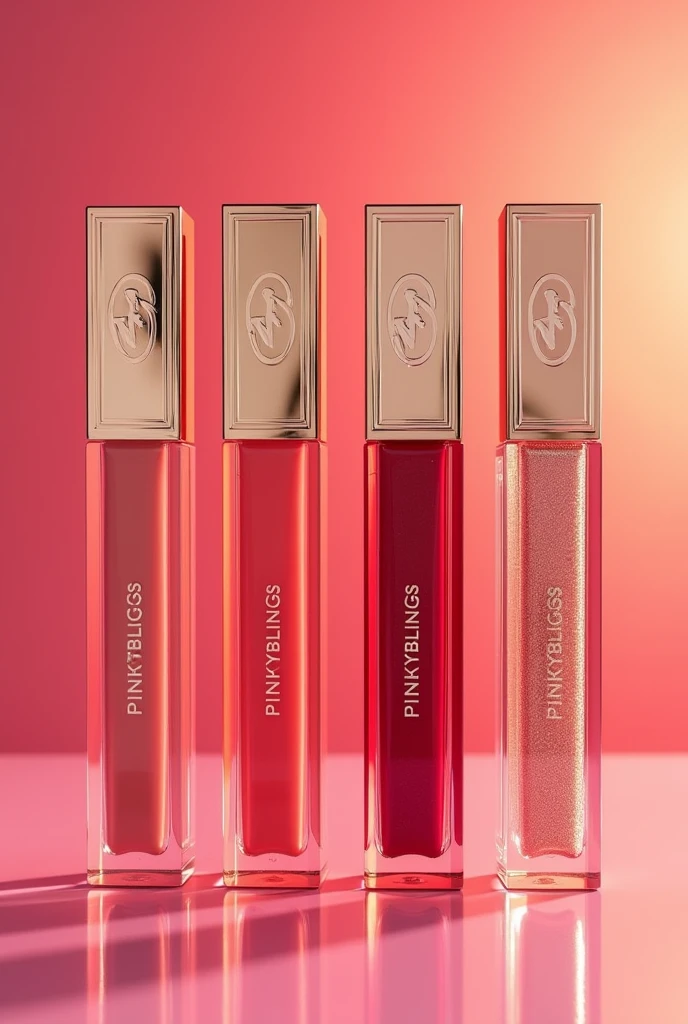 Design a collection of five unique lip glosses for the brand “Pinkyblings,” each in different shades: vibrant pink, soft nude, rich berry, bright coral, and shimmering champagne. Each lip gloss should have distinct, luxurious packaging that complements the shade, featuring the “Pinkyblings” logo prominently. The designs should exude sophistication, with a cohesive yet varied aesthetic that appeals to a high-end market