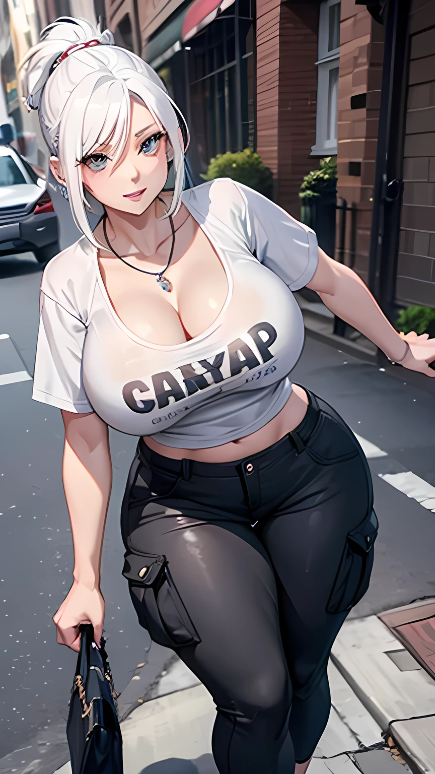 High detailed, 4k quality, stunning 23 years old female, white hair, random hairstyle, necklace and piercing, wearing Erotic Cargo Pants and T-Shirt: Cargo pants with a fitted t-shirt, perfect breast, long cleavage, curvy body, playful expression, street background