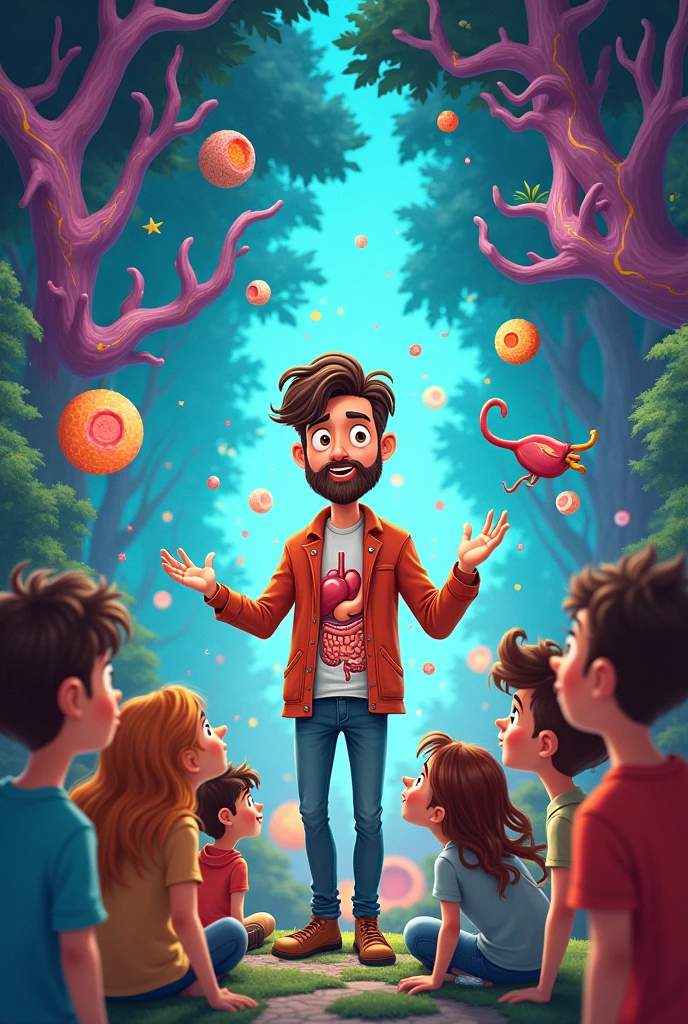 Young bearded teacher with students transporting inside human body in cartoon