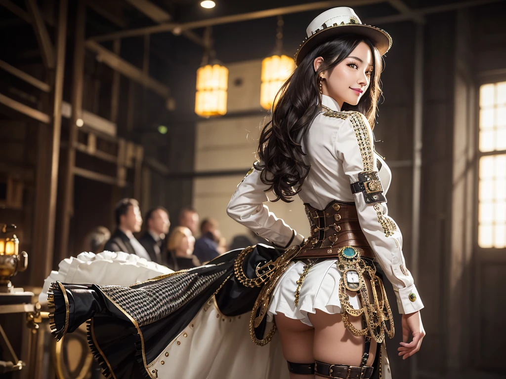 Woman portrait、Highest quality、Rear View、8k,Detailed face, clear, Fine skin、clear, Beautiful Eyes、whole body、(Curly Hair)、My hair was messed up by the wind、The beauty of a smile、(Attractive muscles、expensive),(Hip_Excellent, Hip Excellent), Mature Woman,( Observe the audience),Realistic, High resolution, Soft Light,1 female, alone, Hipアップ, Glowing Skin, (Detailed face), Sexy smile, Perfect Style, Perfect balance,Black Hair,Long Hair,Naughty look,((Steampunk gathered skirt、Houndstooth)),(Black and brown mech, High-tech Mecha,Beautiful steampunk cyborg woman,Steampunk Mech Cyborg Girl,Lime green steampunk green and white jacket,High Leg,steampunk body stocking,A richly decorated gold belt,beads,Elbow hand pockets,Gemstone Helmet,White dress shirt,Short tie with jewels,Wrist cuff,Gemstone Helmet,steampunk body stocking,one piece),((Put your arms behind your back)),(Bokeh),(Studio Lighting)
