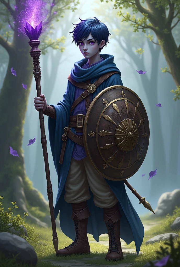 Tall young wizard with grey skin, purple eyes and short dark blue hair, He has a simple staff used for magic., comfortable clothes and a shield